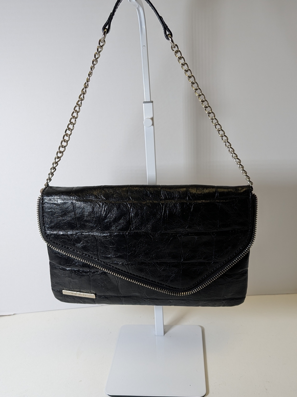 Nine West Black Croc-Textured Chain Shoulder Clutch